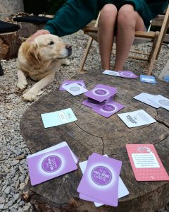 A dog lying next to a tree-stump table outdoors with The Well-being Game cards spread across the surface.